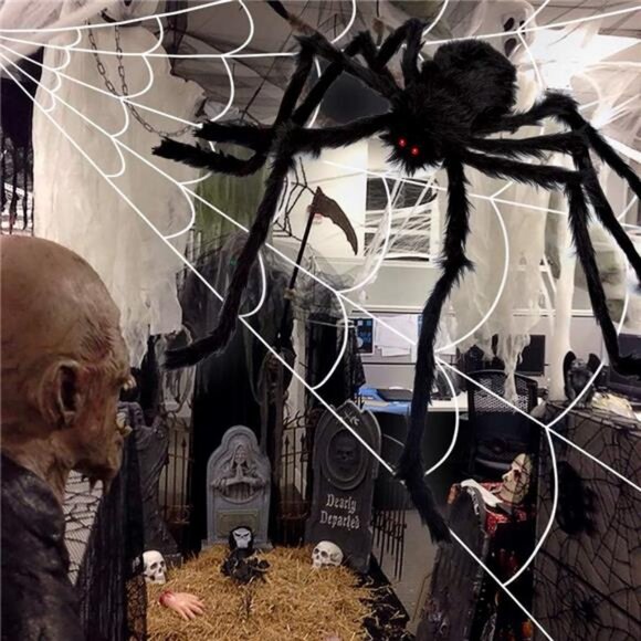 200" Halloween Spider Web + 59" Giant Spider Decorations Fake Spider - Picture 3 of 8